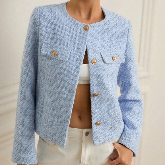 Blue Elegant Women's Cinched Waist Tweed Jacket - Picture 6 of 6